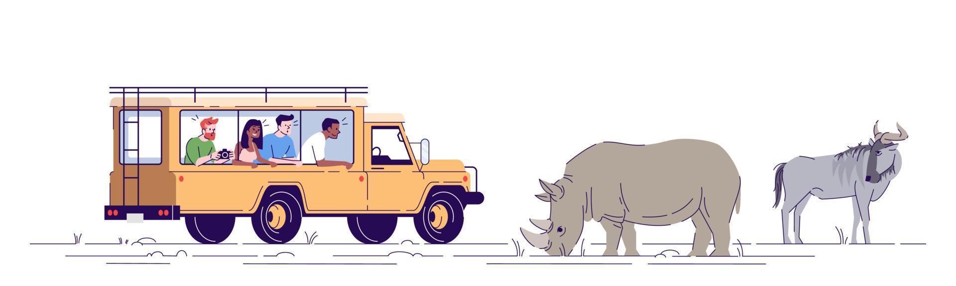 Safari journey flat doodle illustration. People observing and photographing wild animals from van. Wildlife conservation park. Indonesia tourism 2D cartoon character with outline for commercial use vector
