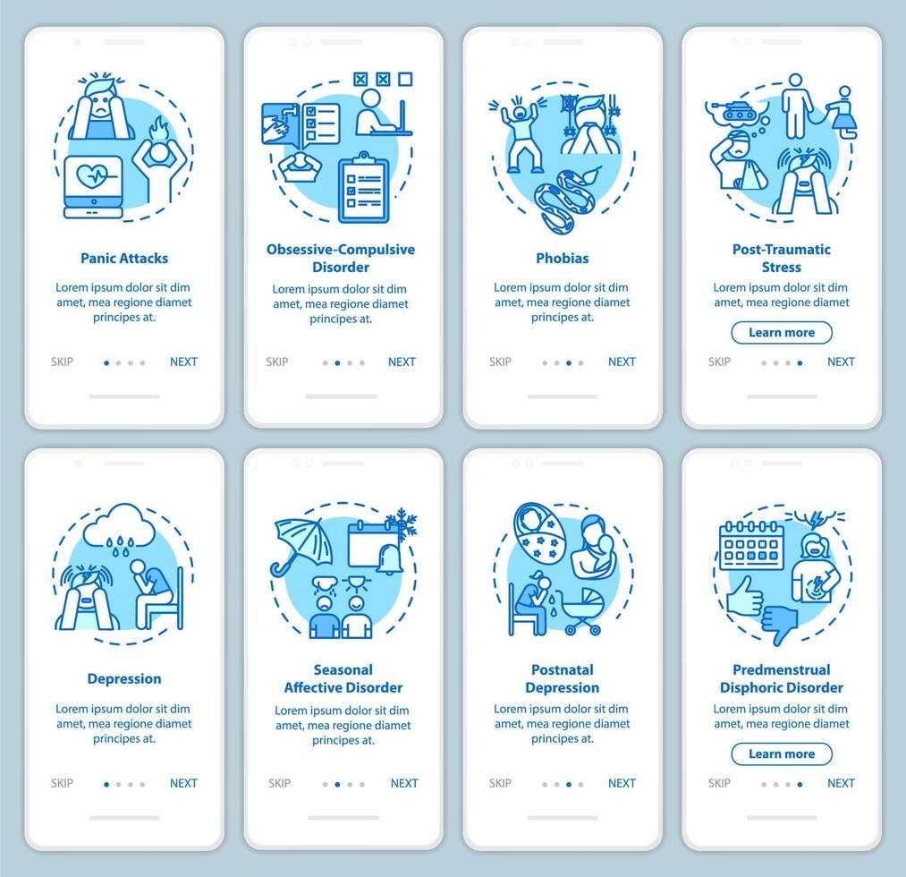 Mental disorders onboarding mobile app page screen with concepts. Post traumatic stress. Psychological diseases walkthrough steps graphic instructions. UI vector template with RGB color illustrations