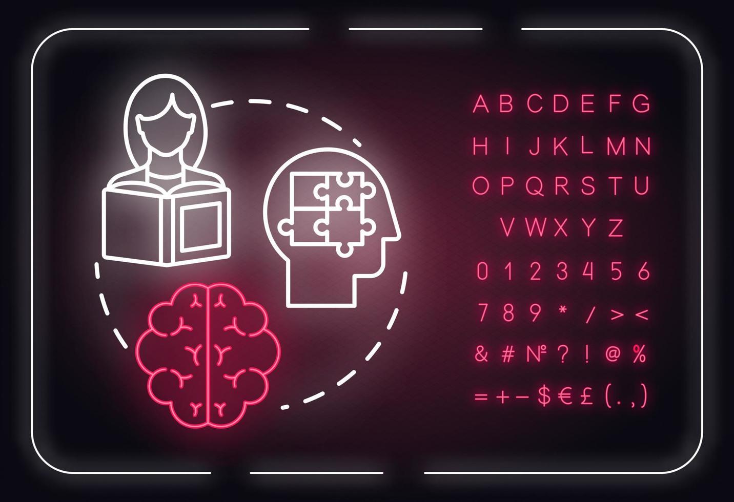 Memory neon light concept icon. Receiving and storing information. Brain informational processing idea. Outer glowing sign with alphabet, numbers and symbols. Vector isolated RGB color illustration