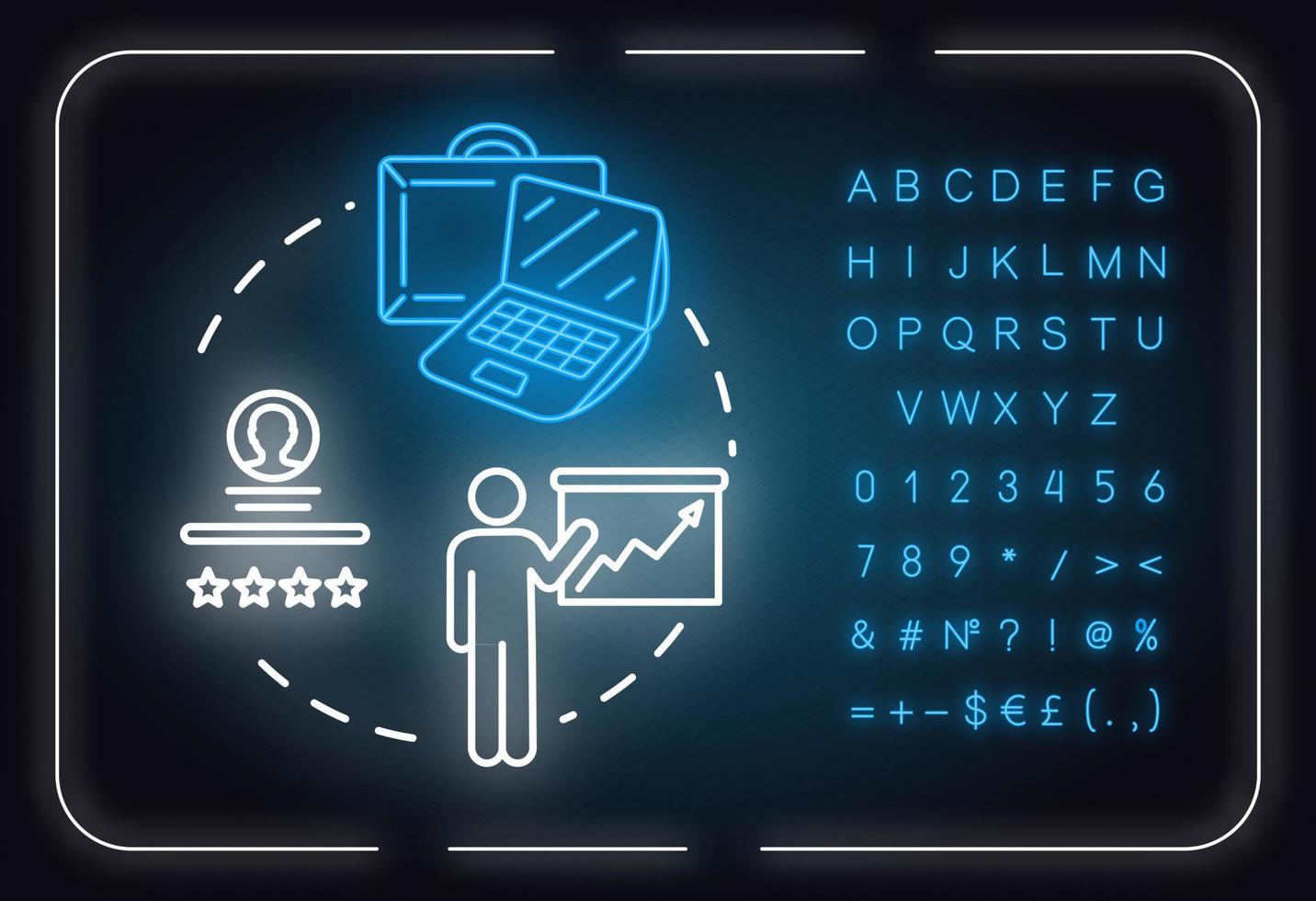 Work productively neon light concept icon. Successful workflow planning idea thin line illustrationidea. Outer glowing sign with alphabet, numbers and symbols. Vector isolated RGB color illustration