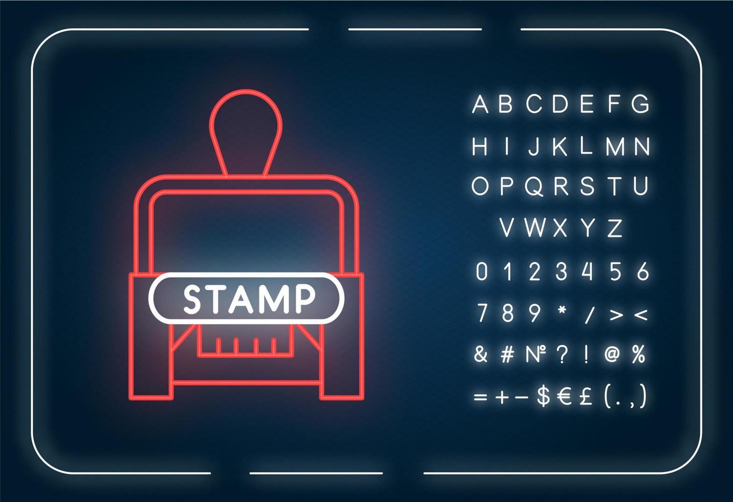 Stamp neon light icon. Apostille and legalization. Legal paper. Notarization. Authentification. Outer glowing effect. Sign with alphabet, numbers and symbols. Vector isolated RGB color illustration
