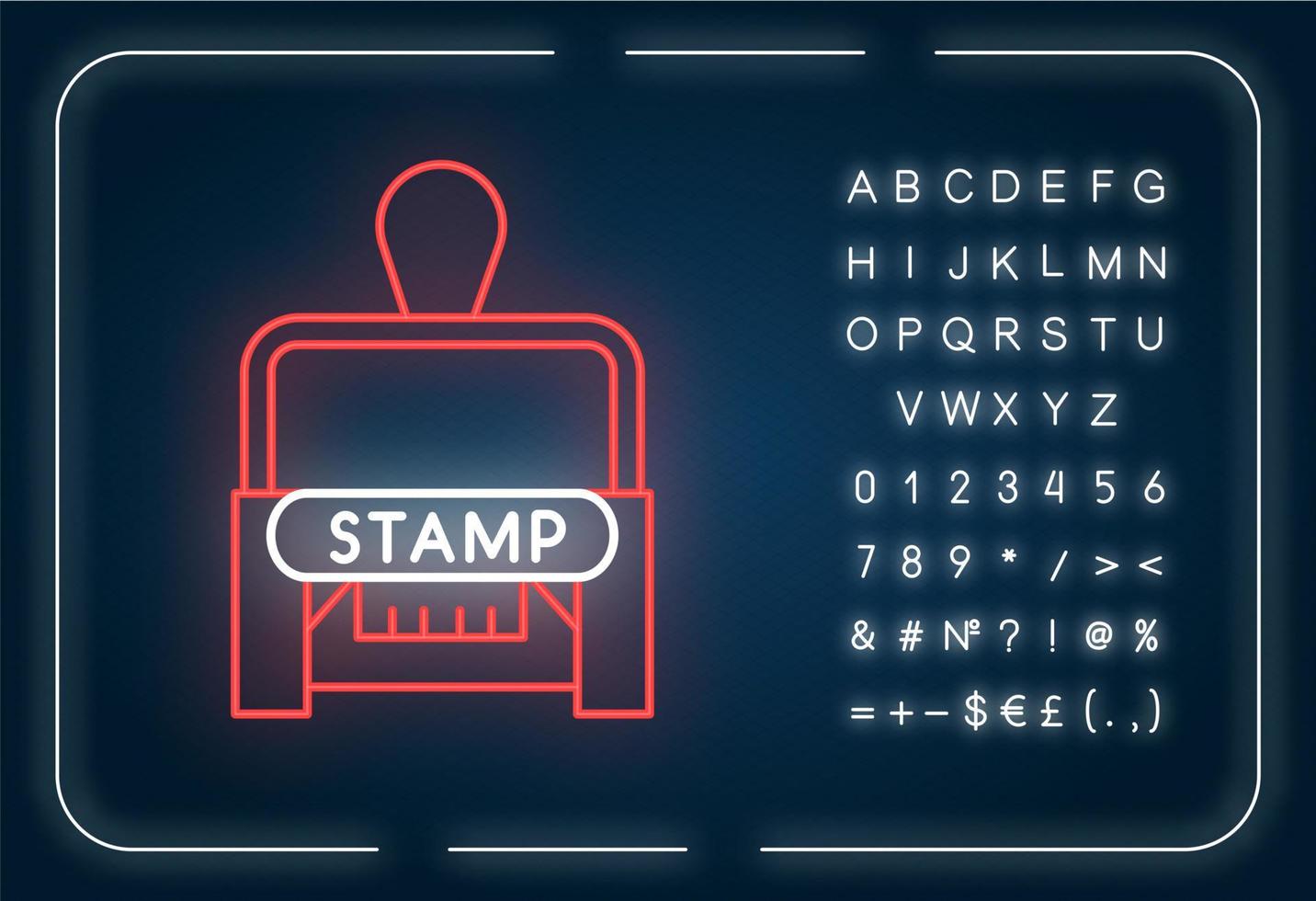 icono de luz de neón de sello. apostilla y legalización. papel legal. notarización. autentificación. efecto brillante exterior. firmar con alfabeto, números y símbolos. vector aislado ilustración de color rgb