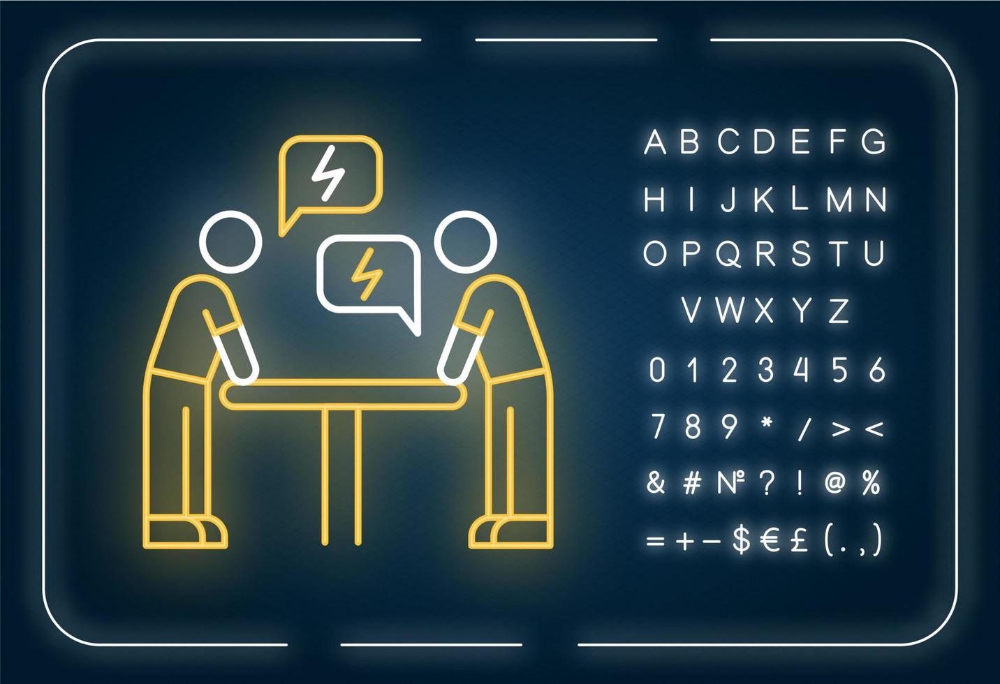 Negotiation neon light icon. Dialogue between parties. Argument. Opposing interests. Conflict. Outer glowing effect. Sign with alphabet, numbers and symbols. Vector isolated RGB color illustration