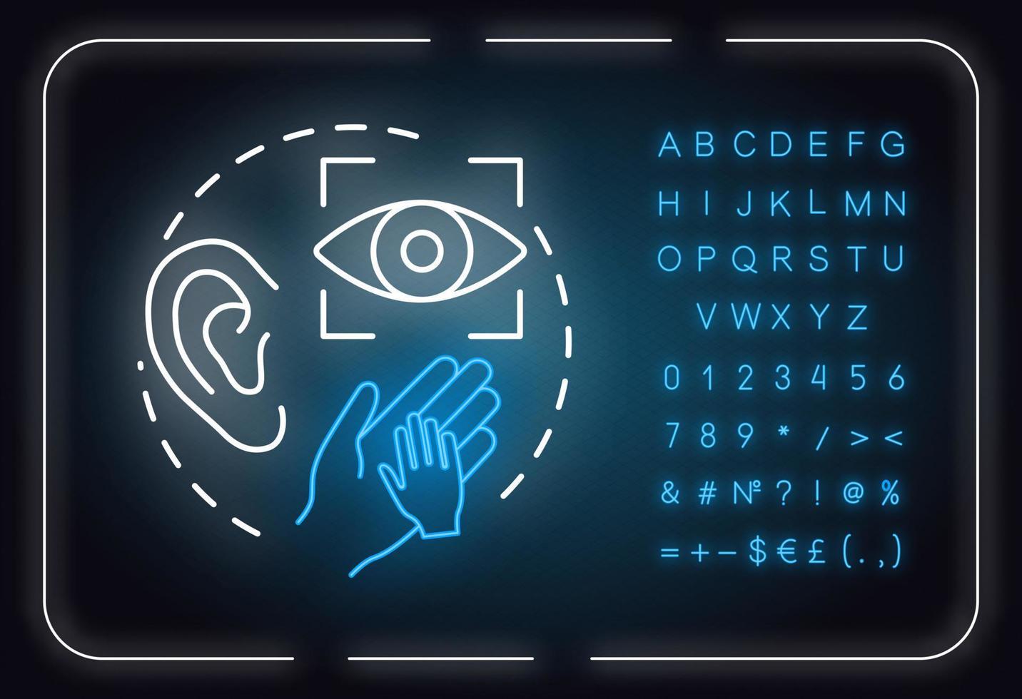 Perception neon light concept icon. Sensory organs. Sight, hearing, touch. Receiving information idea. Outer glowing sign with alphabet, numbers and symbols. Vector isolated RGB color illustration