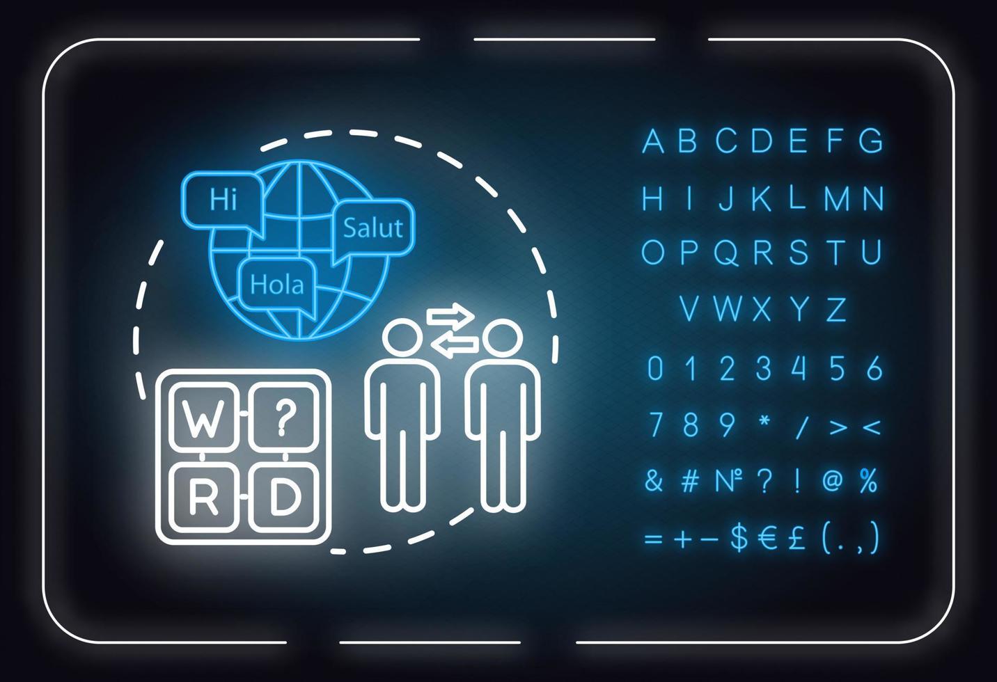 Language neon light concept icon. Knowledge of foreign speak talk idea thin line illustrationidea. Outer glowing sign with alphabet, numbers and symbols. Vector isolated RGB color illustration