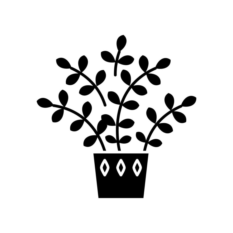 icono de glifo negro de planta zz. zamioculcas. joya de zanzíbar. planta tropical de interior con hojas pequeñas. planta de interior decorativa. decoración natural del hogar. símbolo de silueta en el espacio en blanco. vector ilustración aislada