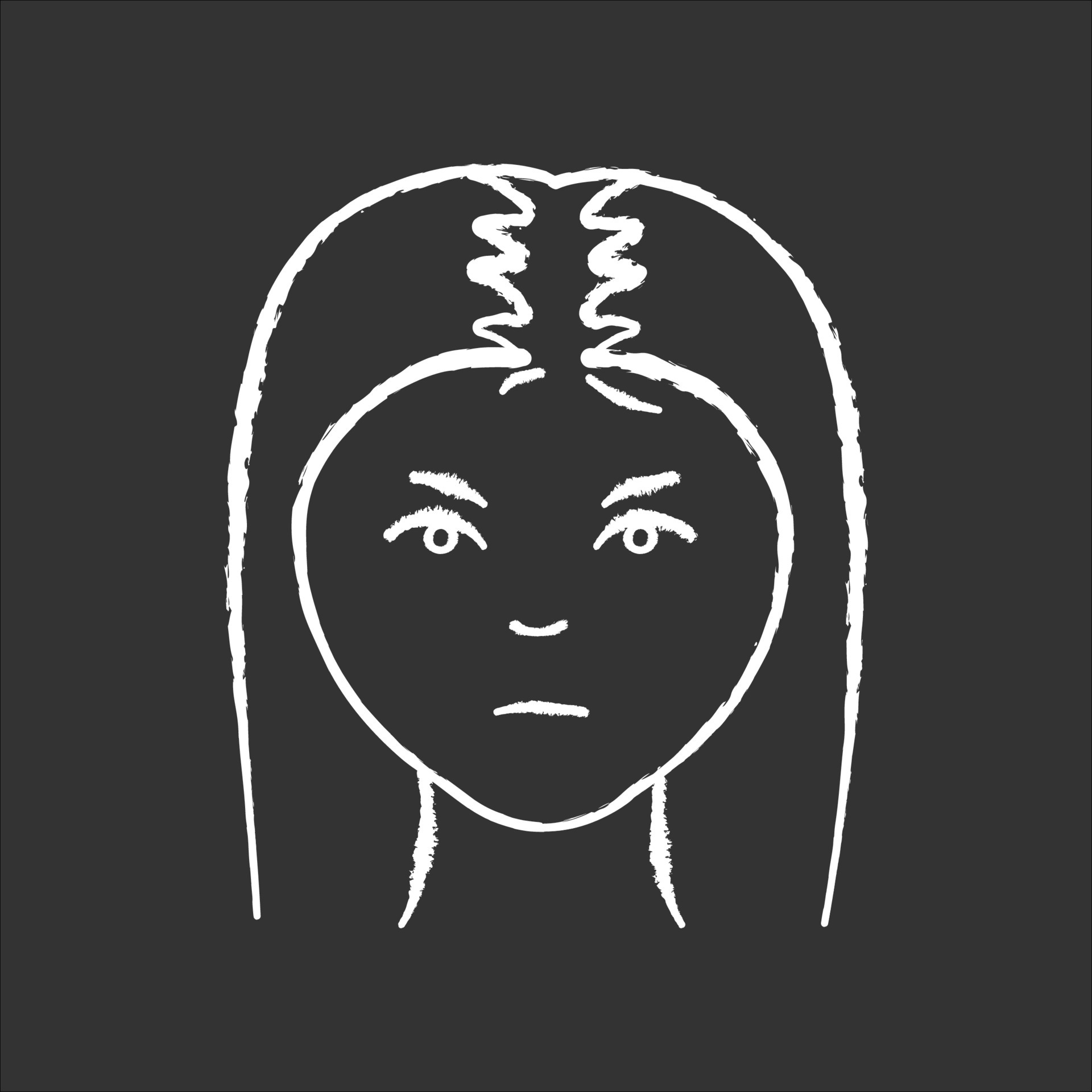 Female hair chalk white icon on black background. Woman with alopecia