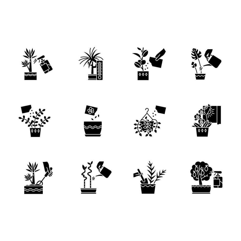 Houseplant caring black glyph icons set on white space. Plant transplant. Seed planting. Watering, fertilizing. Fluffing. Temperature conditions. Silhouette symbols. Vector isolated illustration
