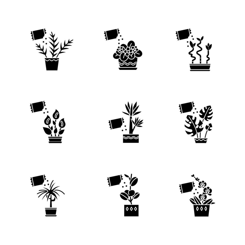 Houseplant fertilizing black glyph icons set on white space. Feeding domesticated plants. Plant growing. Indoor gardening. Growth supplements. Silhouette symbols. Vector isolated illustration