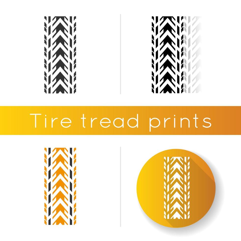 Track tread icon. Detailed automobile, motorcycle tyre marks. Car winter wheel print. All-terrain vehicle tire trail. Linear black and RGB color styles. Isolated vector illustrations