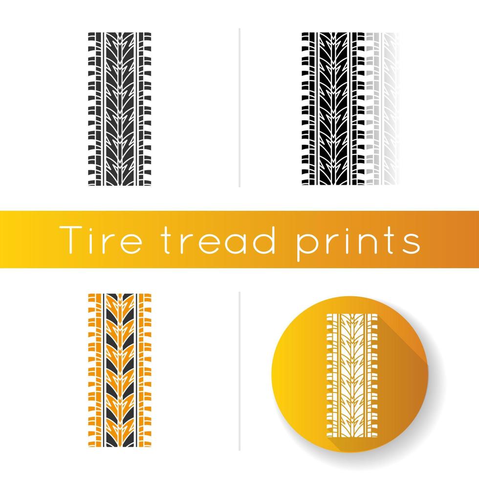 Tire print icon. Detailed automobile, motorcycle street tyre marks. Car summer wheel trace with thin grooves. Vehicle tire trail. Linear black and RGB color styles. Isolated vector illustrations
