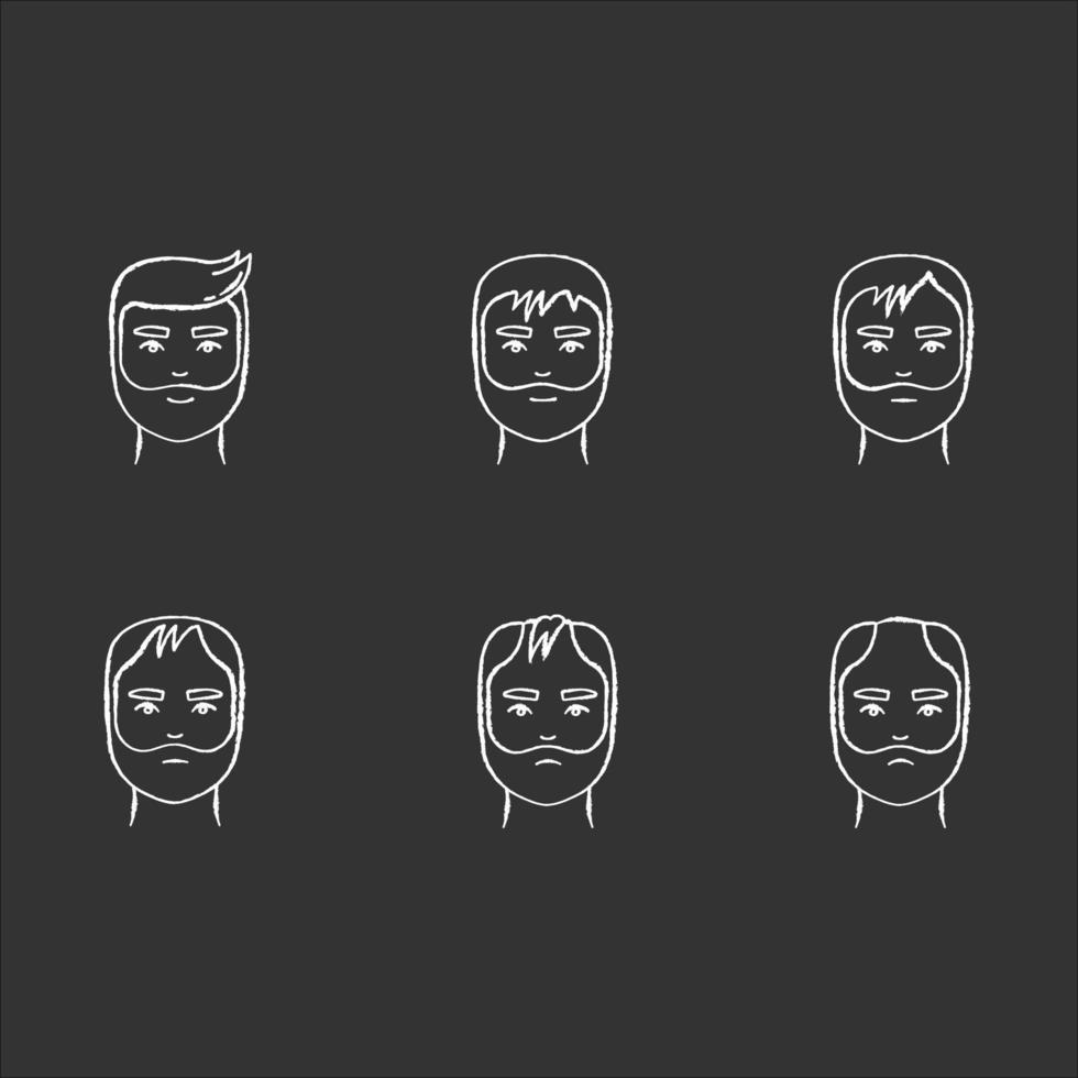 Hair loss chalk white icons set on black background. Baldness process stages. Male alopecia conditions. Dermatology problem with scalp. Aging and stress. Isolated vector chalkboard illustrations