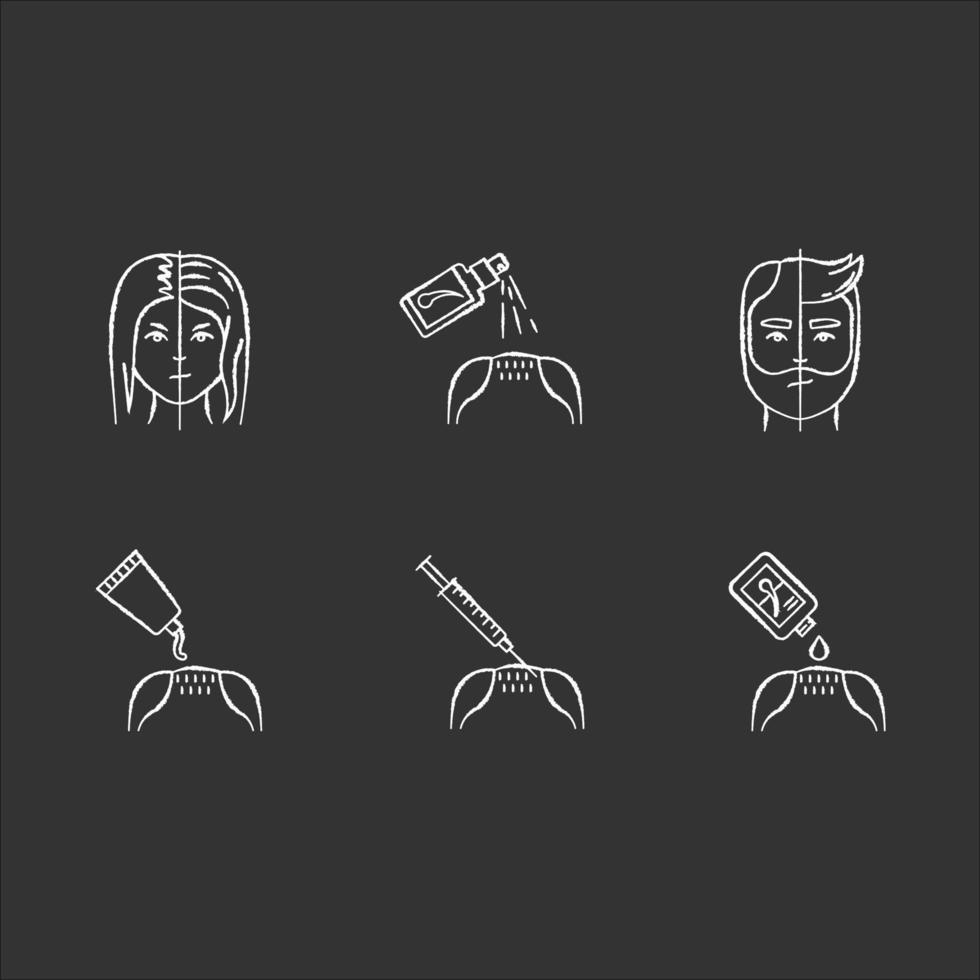 Hair loss chalk white icons set on black background. Male alopecia. Female balding. Haircare, dermatology. Products for hairloss. Injection for regrowth. Isolated vector chalkboard illustrations