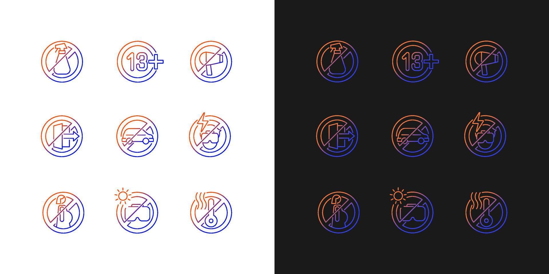 Vr rules gradient manual label icons set for dark and light mode. Thin line contour symbols bundle. Isolated vector outline illustrations collection on black and white for product use instructions