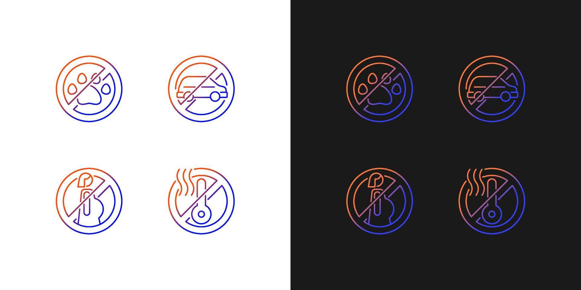 VR glasses gradient manual label icons set for dark and light mode. Thin line contour symbols bundle. Isolated vector outline illustrations collection on black and white for product use instructions