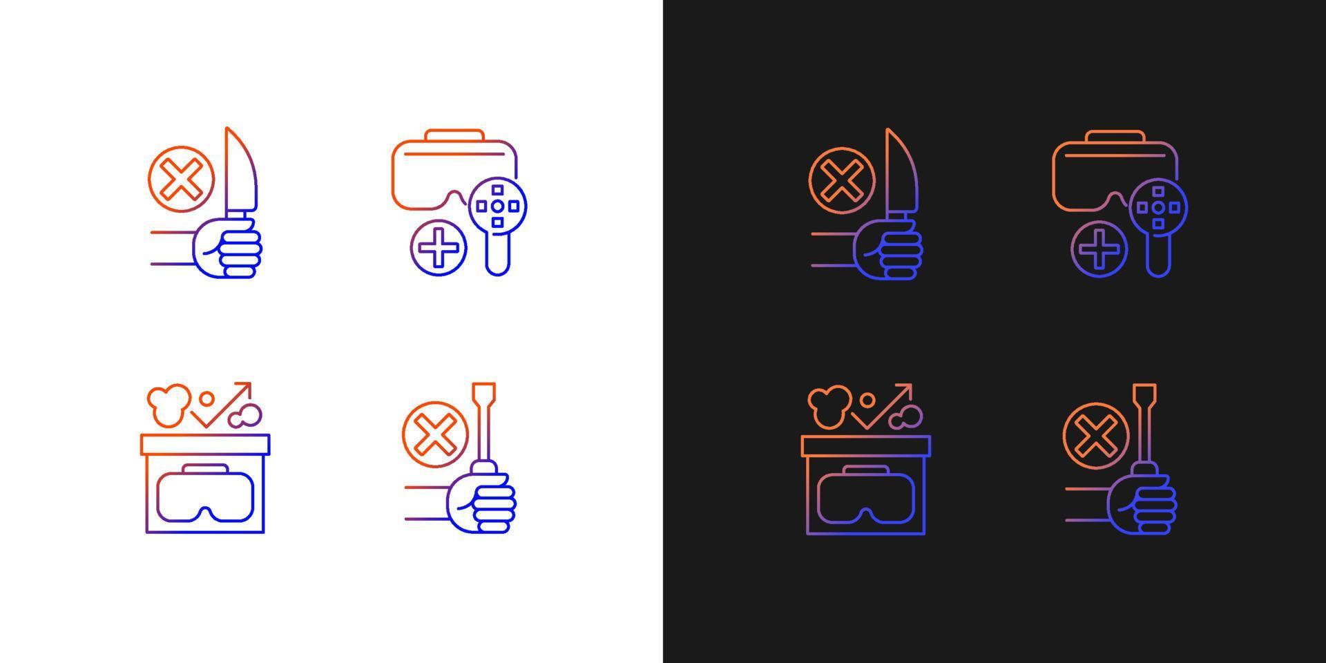 VR guidance gradient manual label icons set for dark and light mode. Thin line contour symbols bundle. Isolated vector outline illustrations collection on black and white for product use instructions