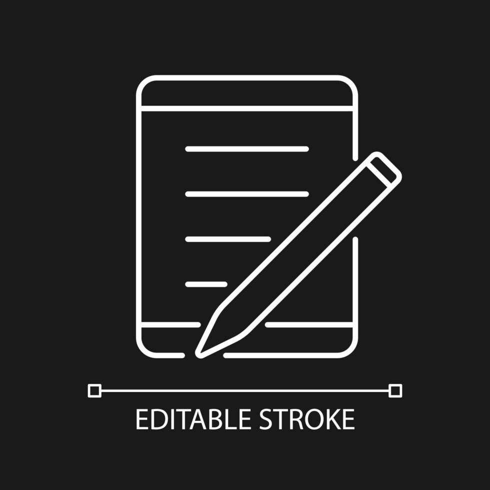 Tablet for school white linear icon for dark theme. Portable personal computer. Device for students. Thin line customizable illustration. Isolated vector contour symbol for night mode. Editable stroke