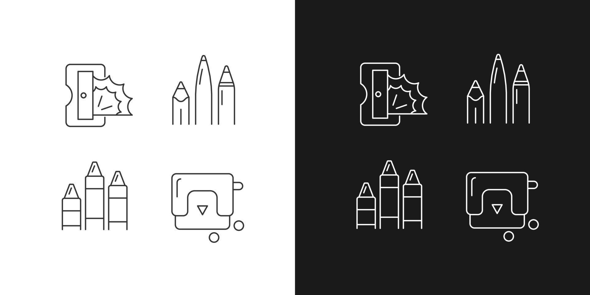 Painter essentials linear icons set for dark and light mode. Pens and pencils. Prism sharpener. Colored crayons. Customizable thin line symbols. Isolated vector outline illustrations. Editable stroke