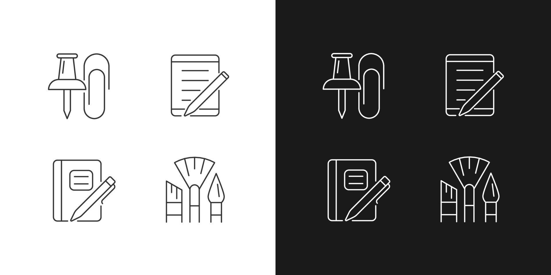 School stationery linear icons set for dark and light mode. Pins and paper clips. Graph composition book. Customizable thin line symbols. Isolated vector outline illustrations. Editable stroke