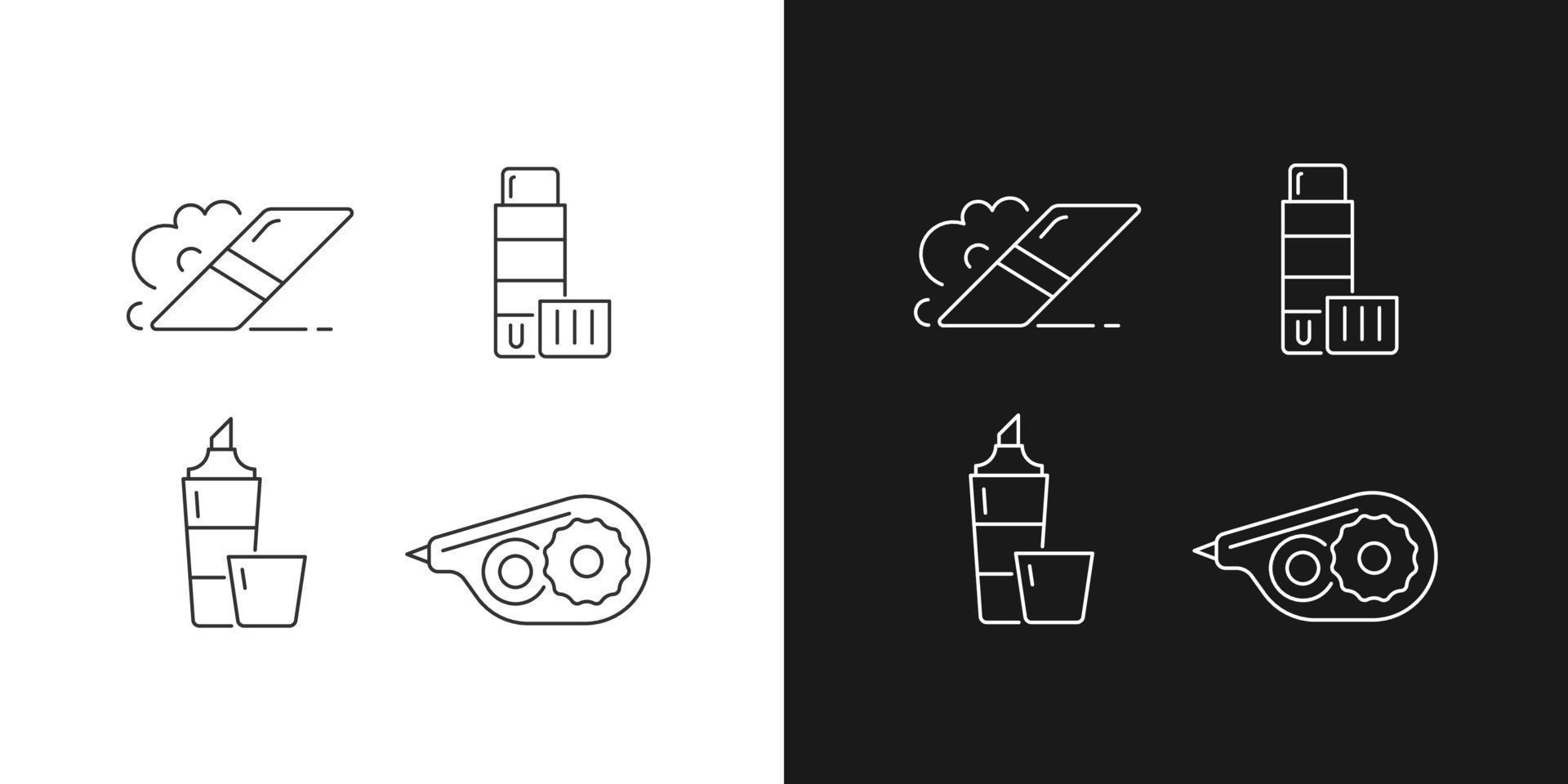 School accessories linear icons set for dark and light mode. Eraser for artistic use. Glue stick. Highlighter. Customizable thin line symbols. Isolated vector outline illustrations. Editable stroke