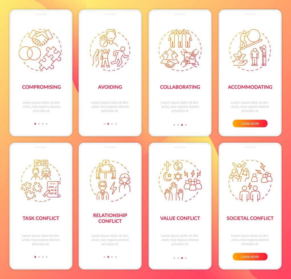 Conflict management red onboarding mobile app page screen set. Work relations walkthrough 4 steps graphic instructions with concepts. UI, UX, GUI vector template with linear color illustrations