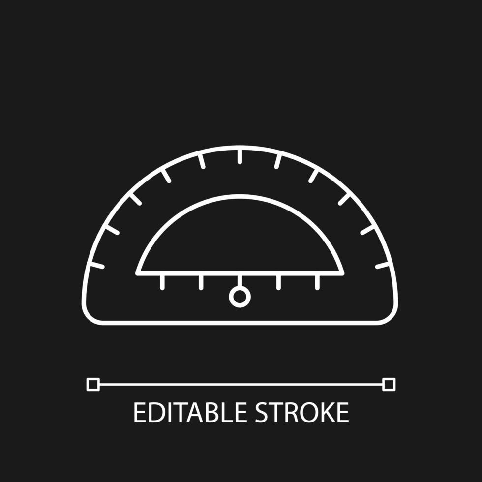 Protractor white linear icon for dark theme. Instrument for constructing, measuring angles. Thin line customizable illustration. Isolated vector contour symbol for night mode. Editable stroke