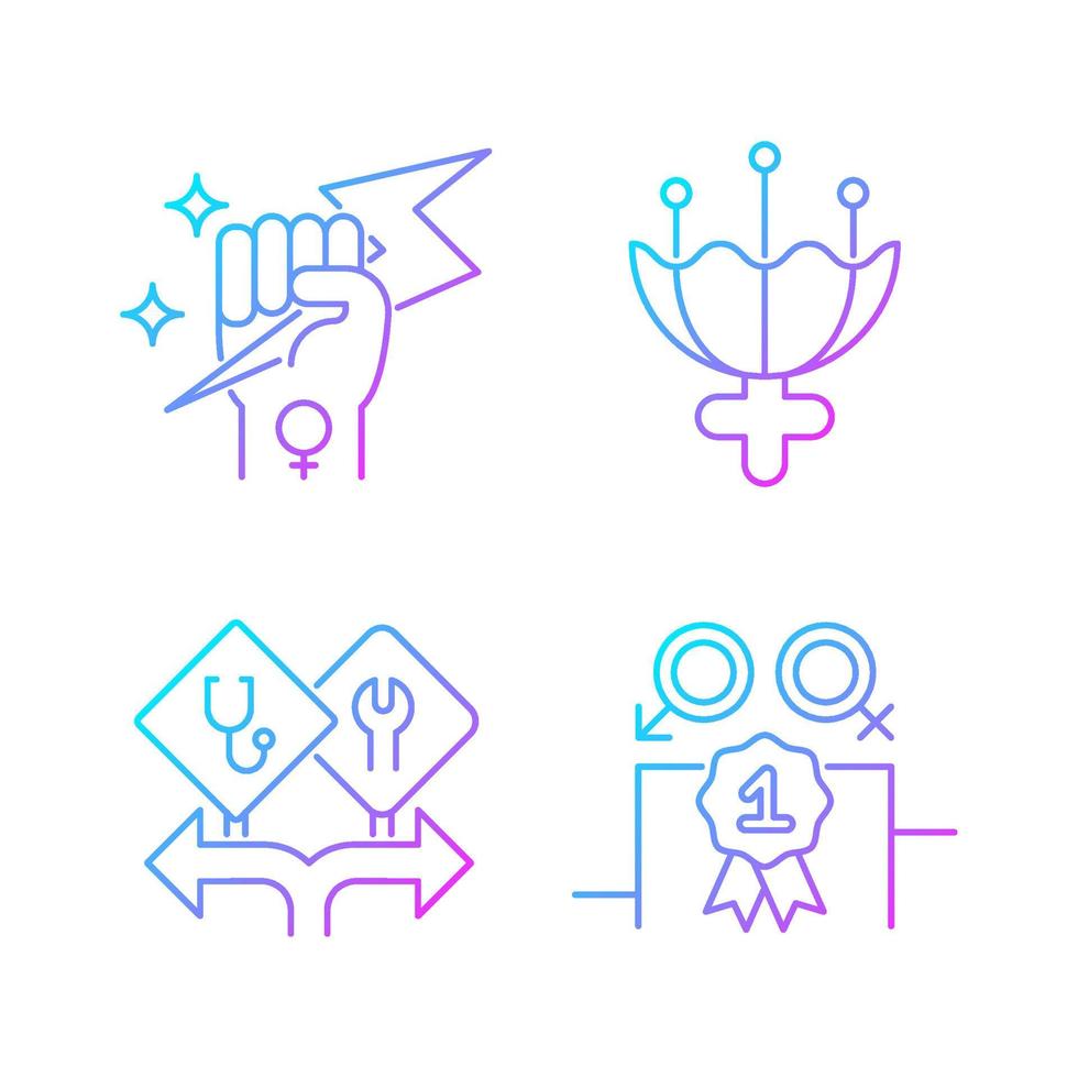 Women empowerment gradient linear vector icons set. Female authority. Femininity attribute. Career option for girls. Thin line contour symbols bundle. Isolated outline illustrations collection