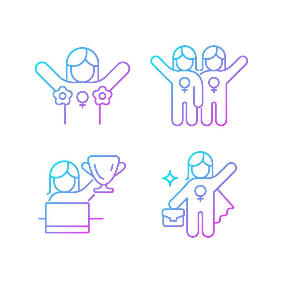 Women rights movement gradient linear vector icons set. Radical feminism. Female friendship. Leadership role. Thin line contour symbols bundle. Isolated outline illustrations collection