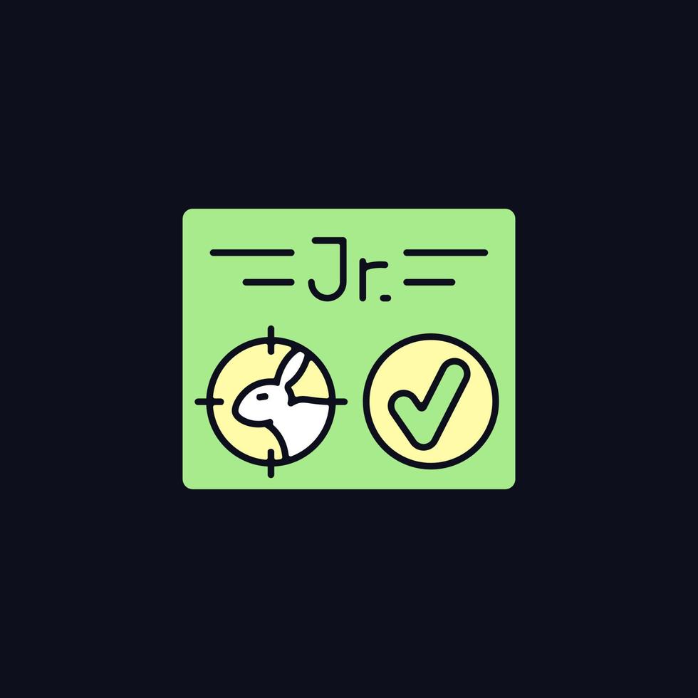 Junior hunting license RGB color icon for dark theme. Hunter confirmation for children under sixteen. Isolated vector illustration on night mode background. Simple filled line drawing on black