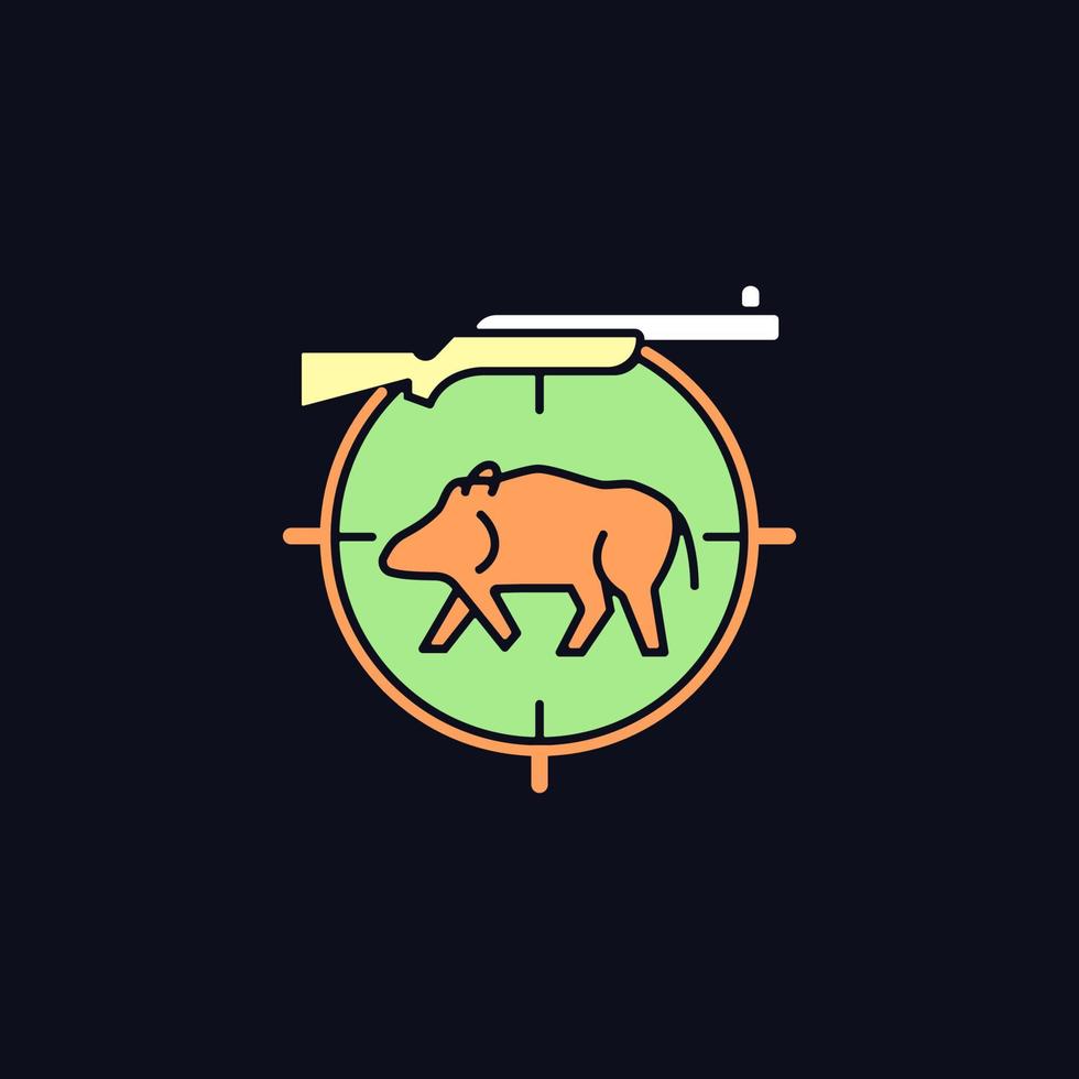 icono de color rgb de caza de jabalí para tema oscuro. capturar y matar al cerdo salvaje. pecarí salvaje y cerdo. ilustración vectorial aislada en el fondo del modo nocturno. dibujo de línea simple relleno en negro vector