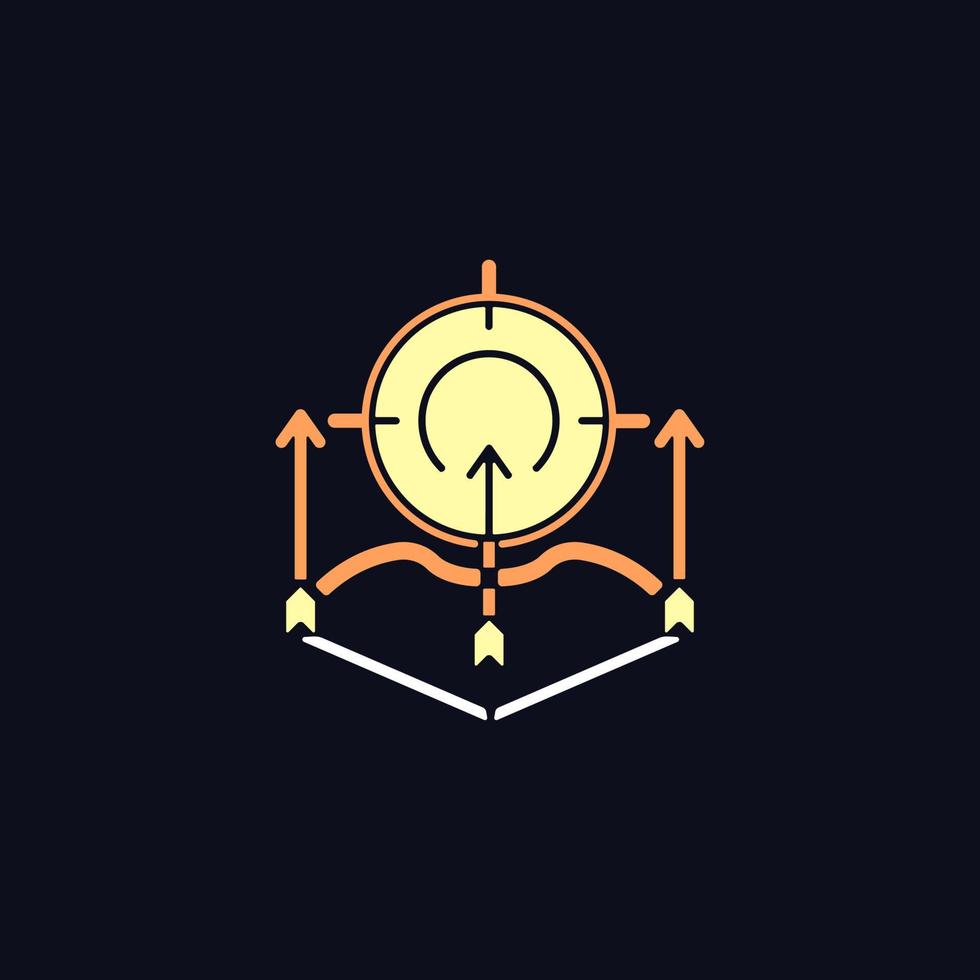 Bow and arrow hunting RGB color icon for dark theme. Bowhunting. Use game call to attract prey. Compound bow. Isolated vector illustration on night mode background. Simple filled line drawing on black