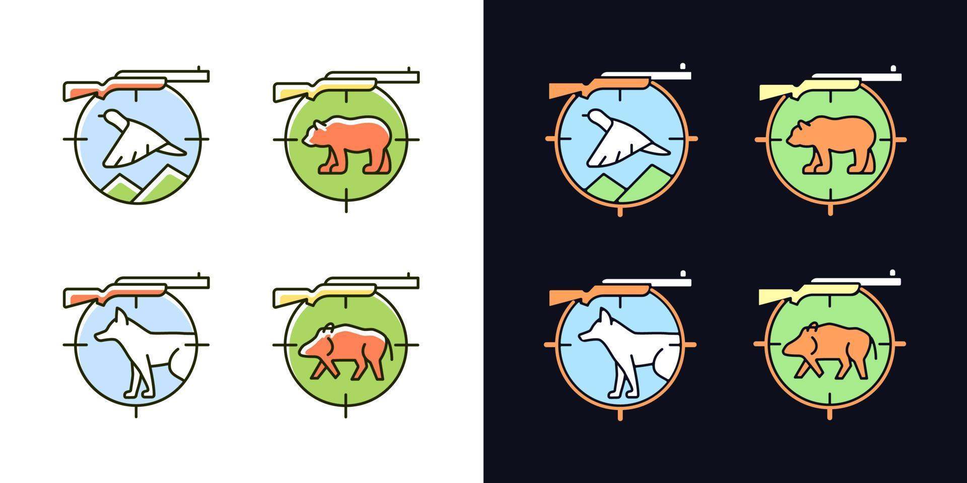 Big and small game hunting light and dark theme RGB color icons set. Hunting weapon to kill boar and deer. Isolated vector illustrations on white and black space. Simple filled line drawings pack