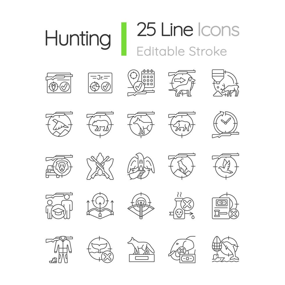 Hunting linear icons set. Wildlife animal and bird hunt. Pursue and capture prey. Shooting and trapping. Customizable thin line contour symbols. Isolated vector outline illustrations. Editable stroke