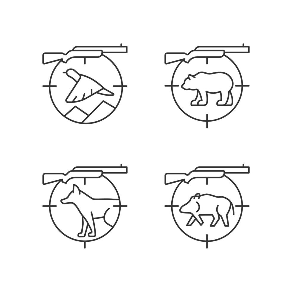 Conjunto de iconos lineales de caza mayor y menor. Arma de caza para matar jabalíes y ciervos. equipo de cazador. símbolos de contorno de línea fina personalizables. ilustraciones de contorno de vector aislado. trazo editable