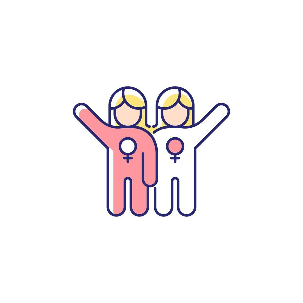 Female friendship RGB color icon. Sisterhood. Girl power. Like minded women cooperation. Non-romantic relationships. Supporting each other. Isolated vector illustration. Simple filled line drawing