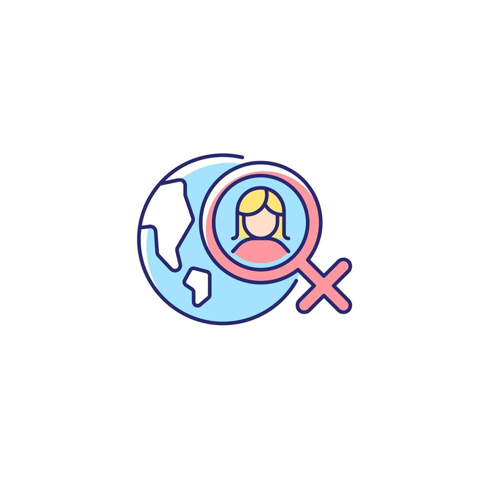 Global feminism RGB color icon. Achieve gender equality around world. Women rights movement across globe. International feminist organization. Isolated vector illustration. Simple filled line drawing