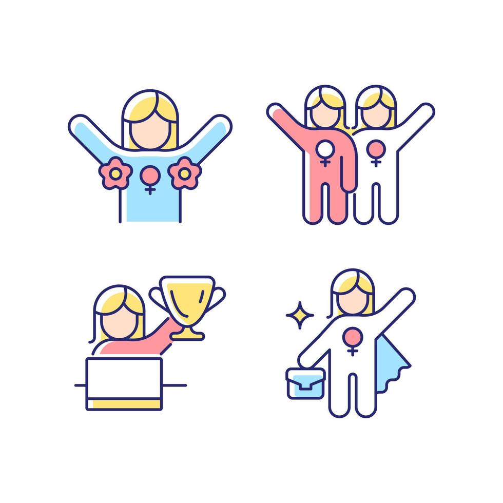 Women rights movement RGB color icons set. Radical feminism. Female friendship. Leadership role. Gender diversity at work. Isolated vector illustrations. Simple filled line drawings collection