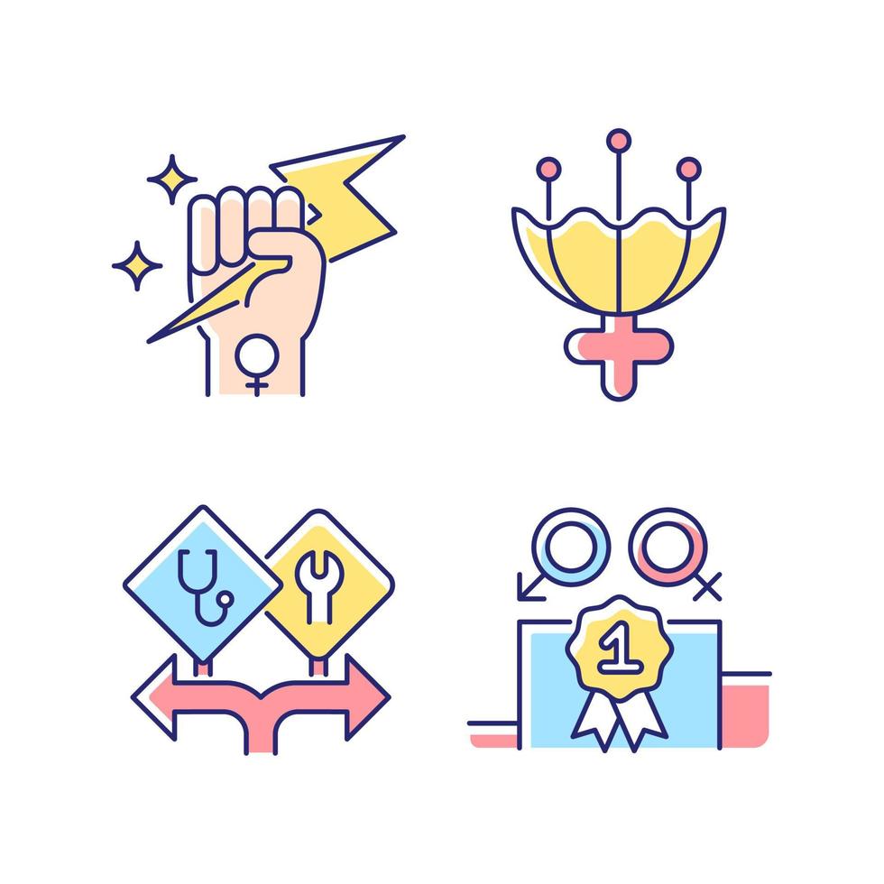 Women empowerment RGB color icons set. Female authority. Femininity attribute. Career option for girls. Enjoy equal rewards. Isolated vector illustrations. Simple filled line drawings collection