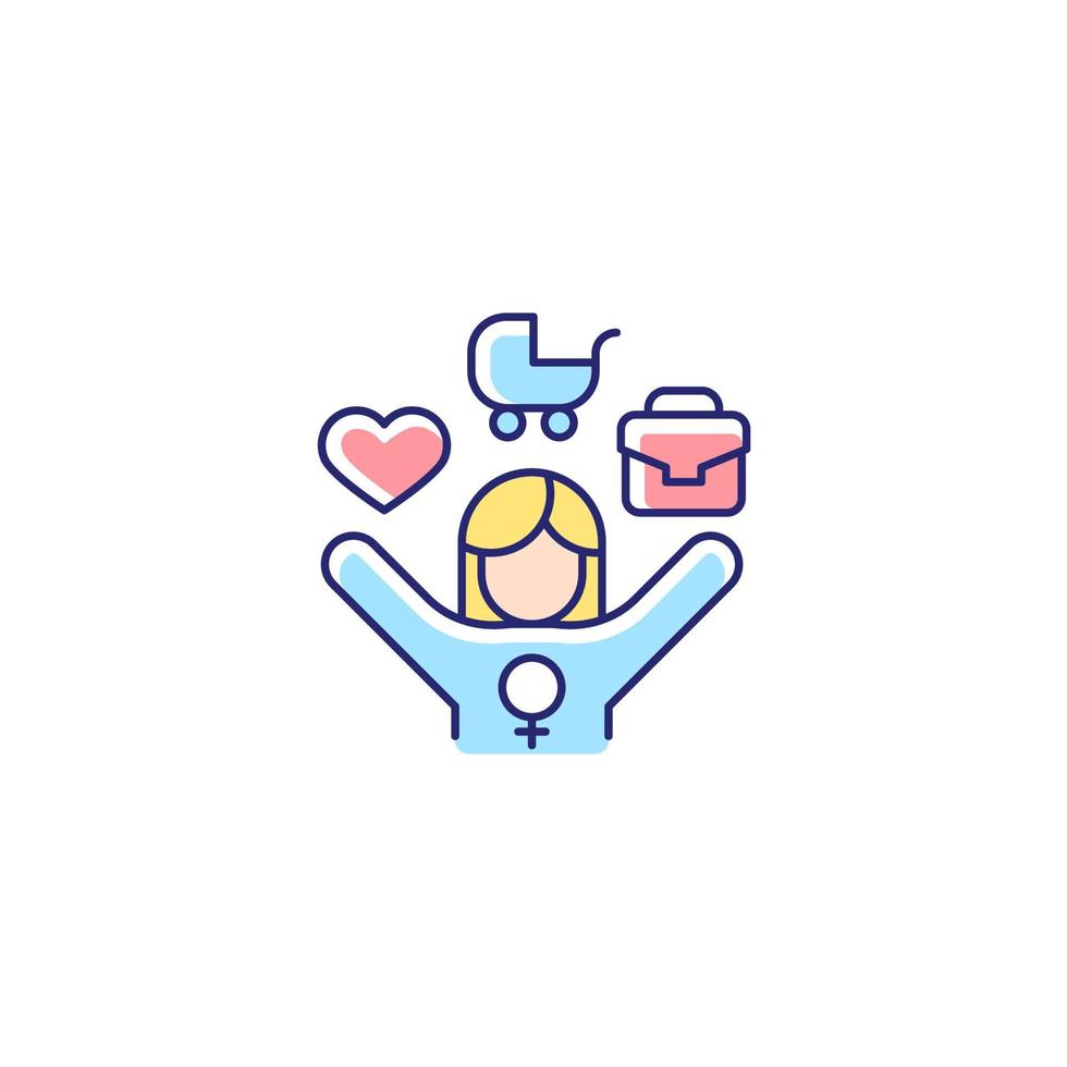 Work-life balance for female employee RGB color icon. Full-time working mom. Balancing job and family life. Double standard. Executive women. Isolated vector illustration. Simple filled line drawing