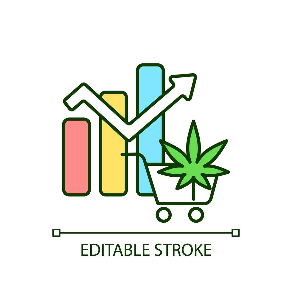 Icono de color rgb del mercado global de marihuana legal. picos en el consumo de cannabis. aumento de los ingresos. industria rentable. ilustración vectorial aislada. dibujo lineal relleno simple. trazo editable vector