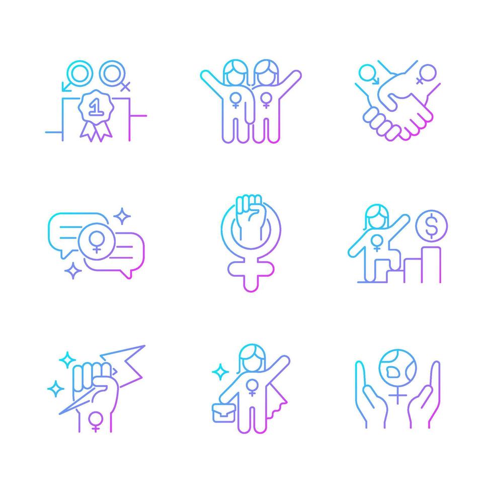 Feminist movement gradient linear vector icons set. Gender parity. Female friendship. Supportive sisterhood. Woman power. Thin line contour symbols bundle. Isolated outline illustrations collection