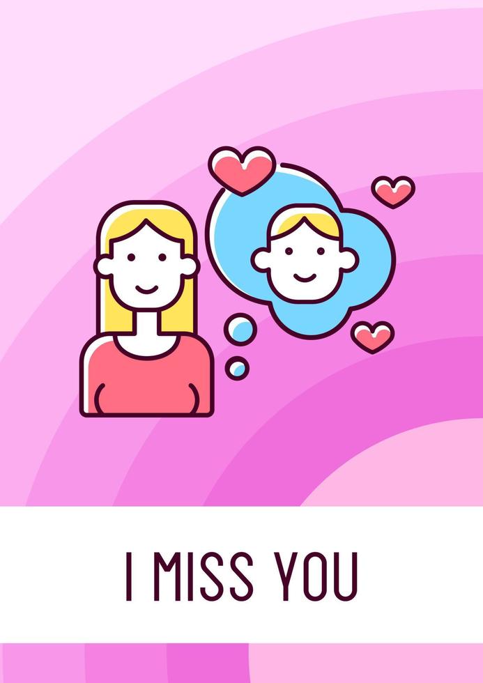 I miss you greeting card with color icon element. Postcard vector design. Thinking of romantic partner. Decorative flyer with creative illustration. Notecard with congratulatory message