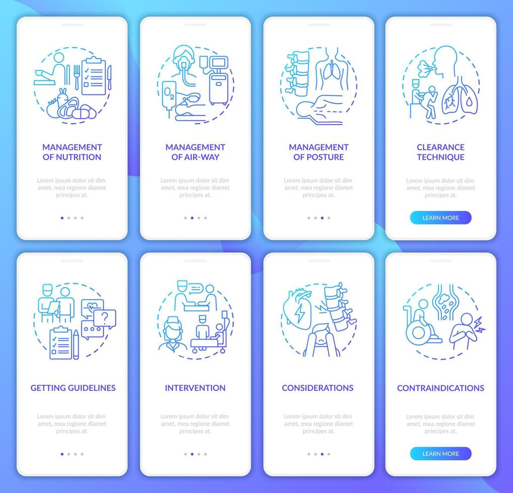 Lungs diseases recovery blue gradient onboarding mobile app page screen set. Walkthrough 4 steps graphic instructions with concepts. UI, UX, GUI vector template with linear color illustrations