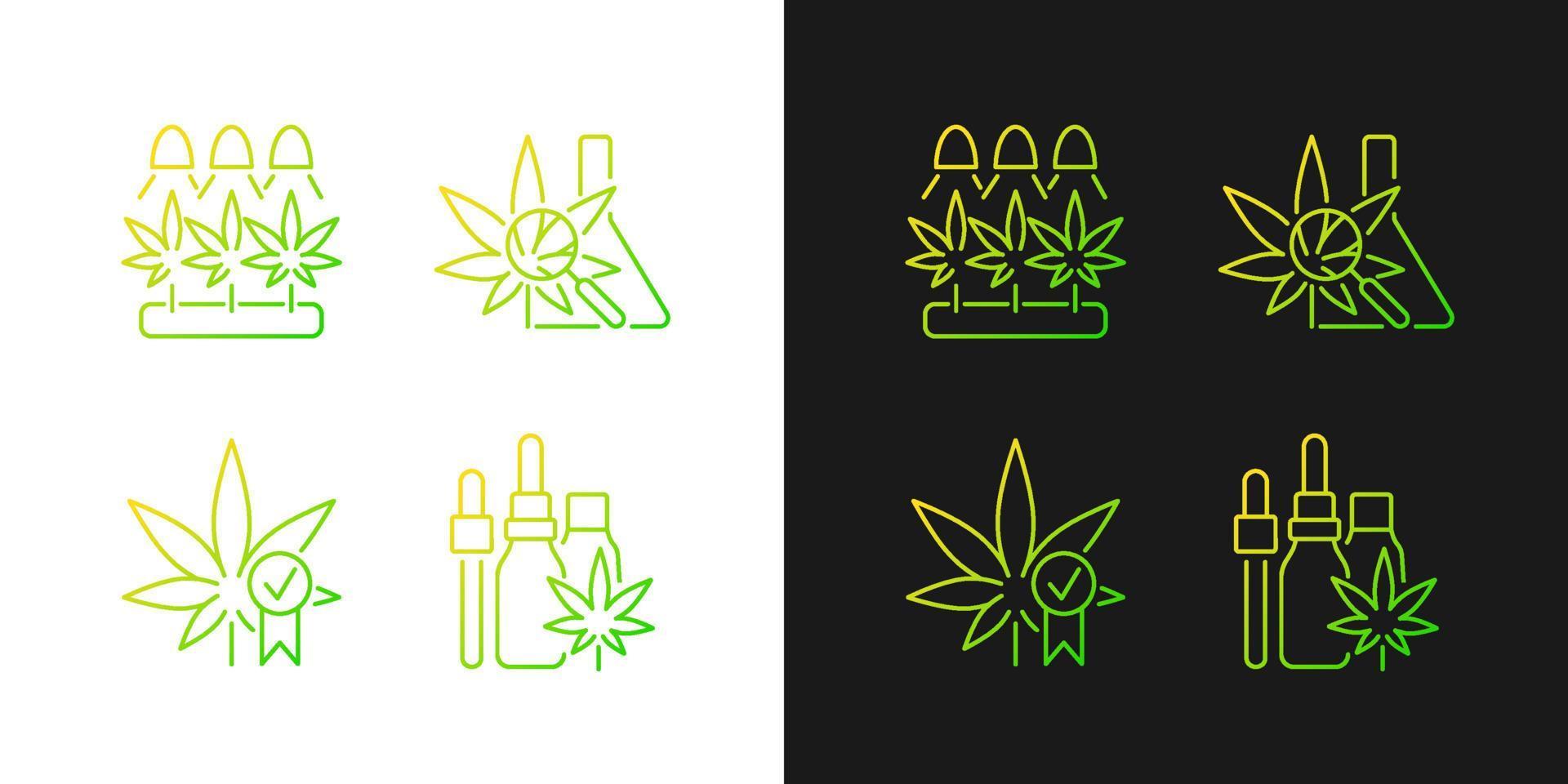 iconos de gradiente de cultivo de cannabis establecidos para el modo oscuro y claro. investigación médica. control de calidad. paquete de símbolos de contorno de línea delgada. colección de ilustraciones de contorno vectorial aislado en blanco y negro vector