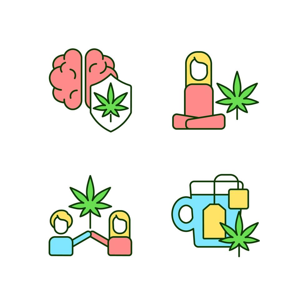 Conjunto de iconos de color rgb de cannabis y salud mental. protección del cerebro de la marihuana. efectos antidepresivos. té de marihuana. ilustraciones vectoriales aisladas. colección de dibujos de líneas rellenas simples. trazo editable vector