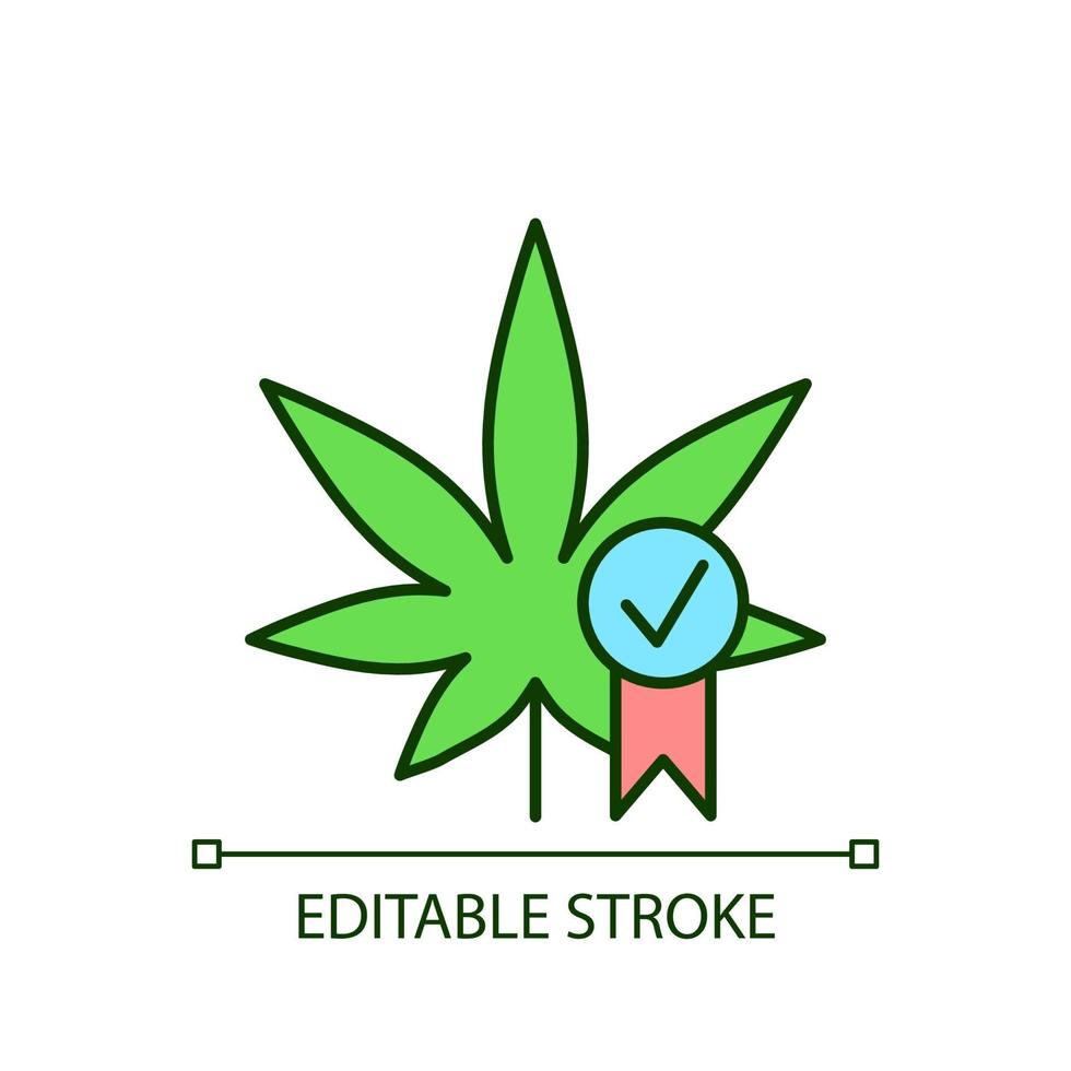 Cannabis quality control RGB color icon. Medical marijuana product evaluation. Standards for industry. Quality certification. Isolated vector illustration. Simple filled line drawing. Editable stroke