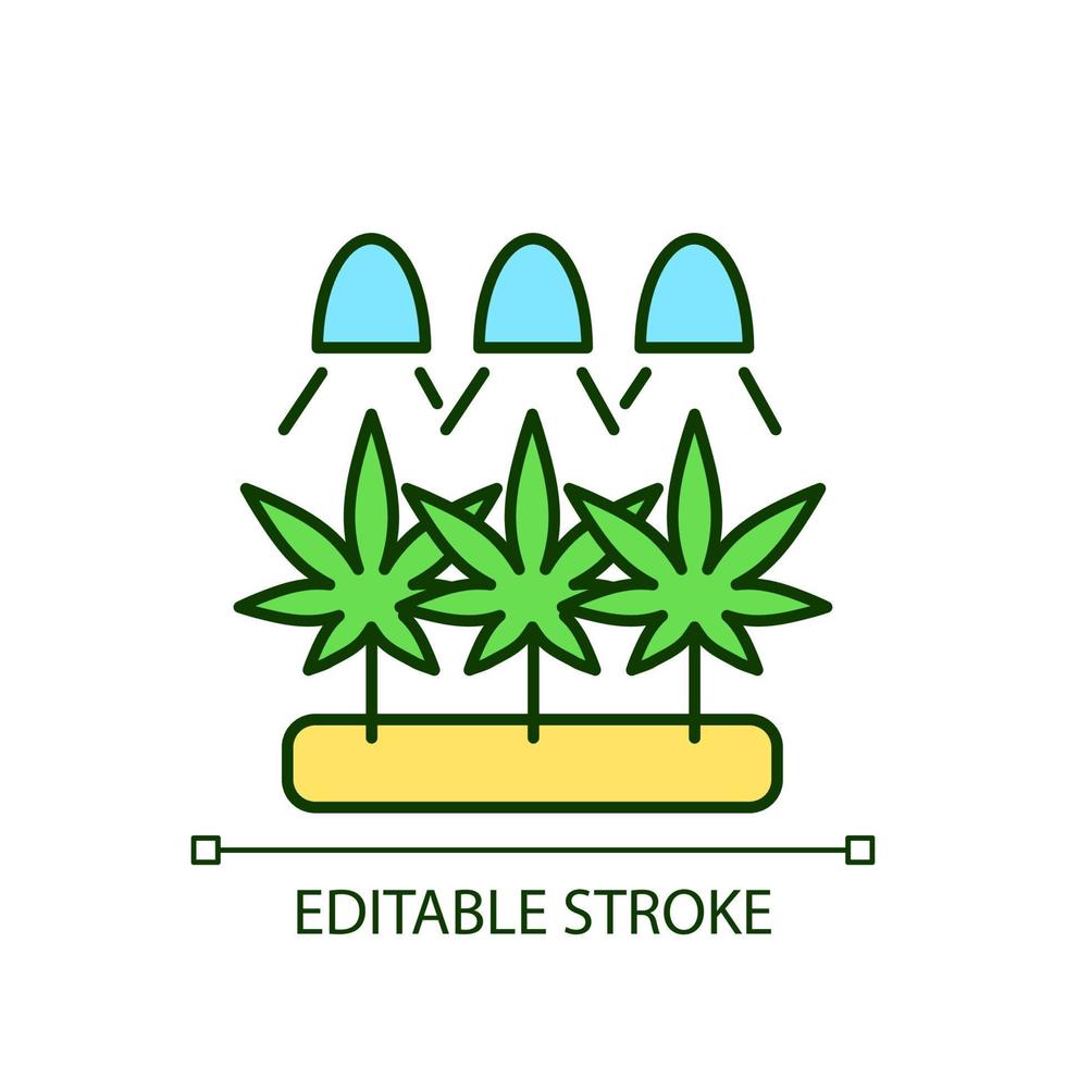 icono de color rgb de cultivo de cannabis. cultivar hierbas bajo luz artificial. germinación de semillas de marihuana. granja de cáñamo industrial. ilustración vectorial aislada. dibujo lineal relleno simple. trazo editable vector