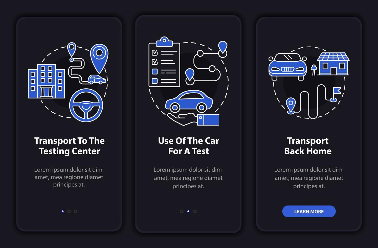 servicios de prueba de carretera pantalla oscura de la página de la aplicación móvil de incorporación. La escuela de manejo ofrece instrucciones gráficas de 3 pasos paso a paso con conceptos. ui, ux, plantilla de vector de interfaz gráfica de usuario con ilustraciones lineales en modo nocturno