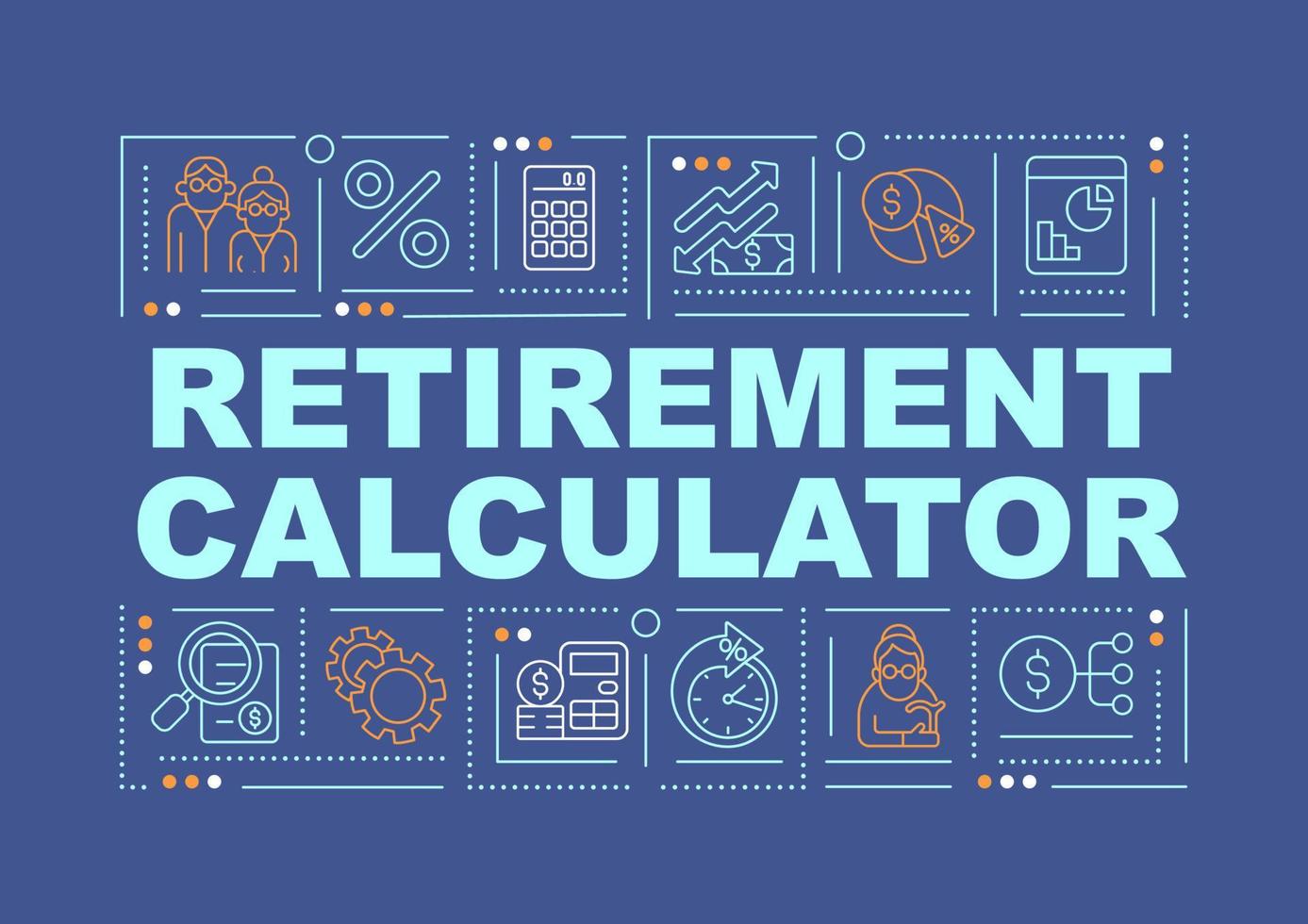 banner de conceptos de palabra de calculadora de suma de pensión. predecir los ahorros para la jubilación. infografías con iconos lineales sobre fondo azul. tipografía creativa aislada. ilustración de color de contorno vectorial con texto vector