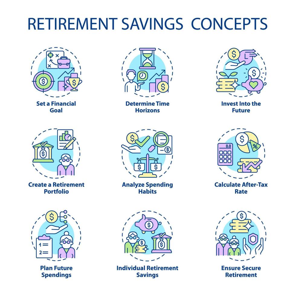 Retirement saving concept icons set. Investition into future idea thin line color illustrations. Money management. Future spendings calculation. Vector isolated outline drawings. Editable stroke